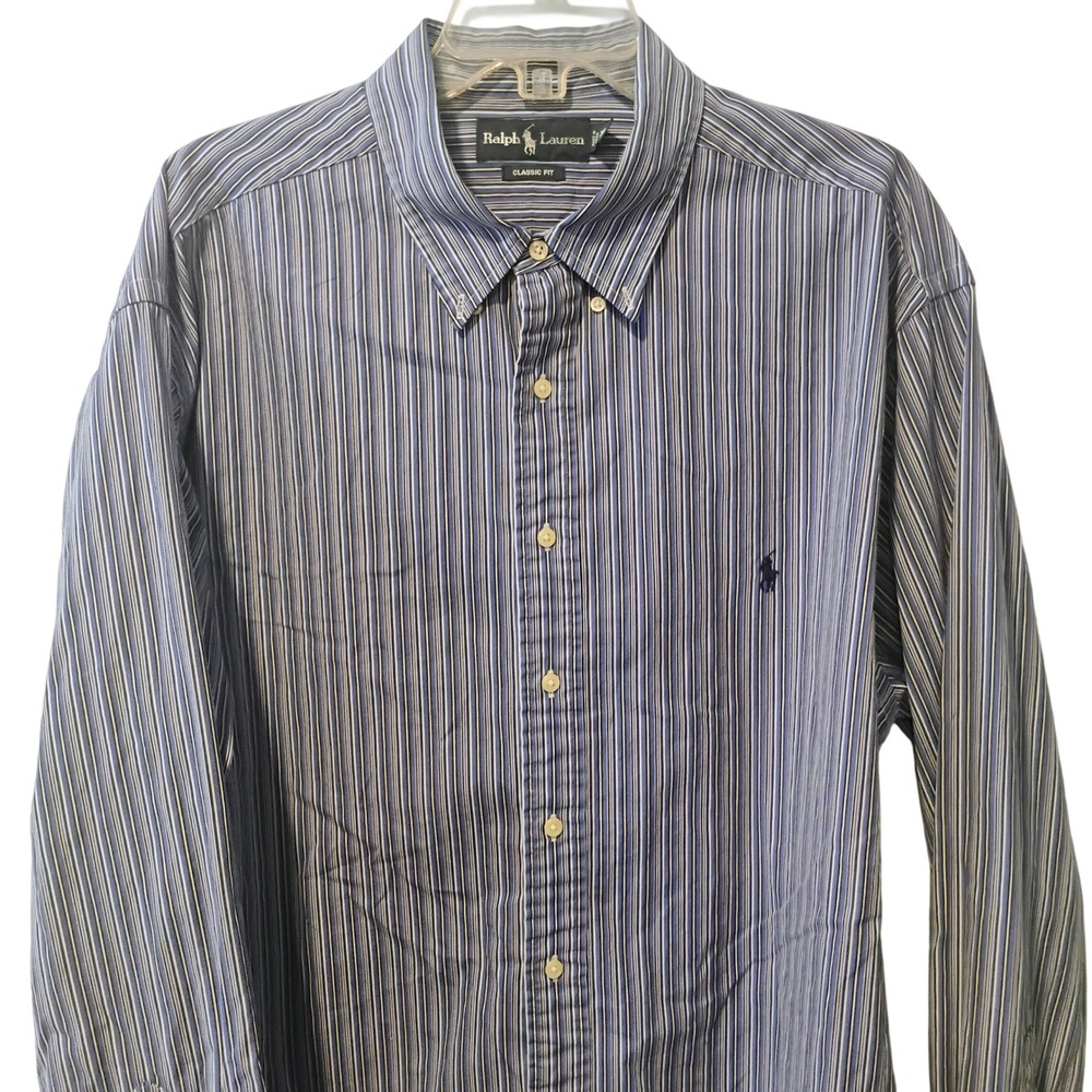 Ralph Lauren Mens 2XB Big Classic Fit Blue Striped Button Down Shirt Long Sleeve